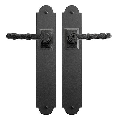 300-71170-V1 (Spear End Decorative Double Auto Latch Kit for up to 18' wide doors. Includes Twisted Locking and Non-Locking L Handles, Spear End Escutcheon Plates and Interior Double Auto Latch Kit and Mounting Plates. (Kit with round top escutcheons also available))